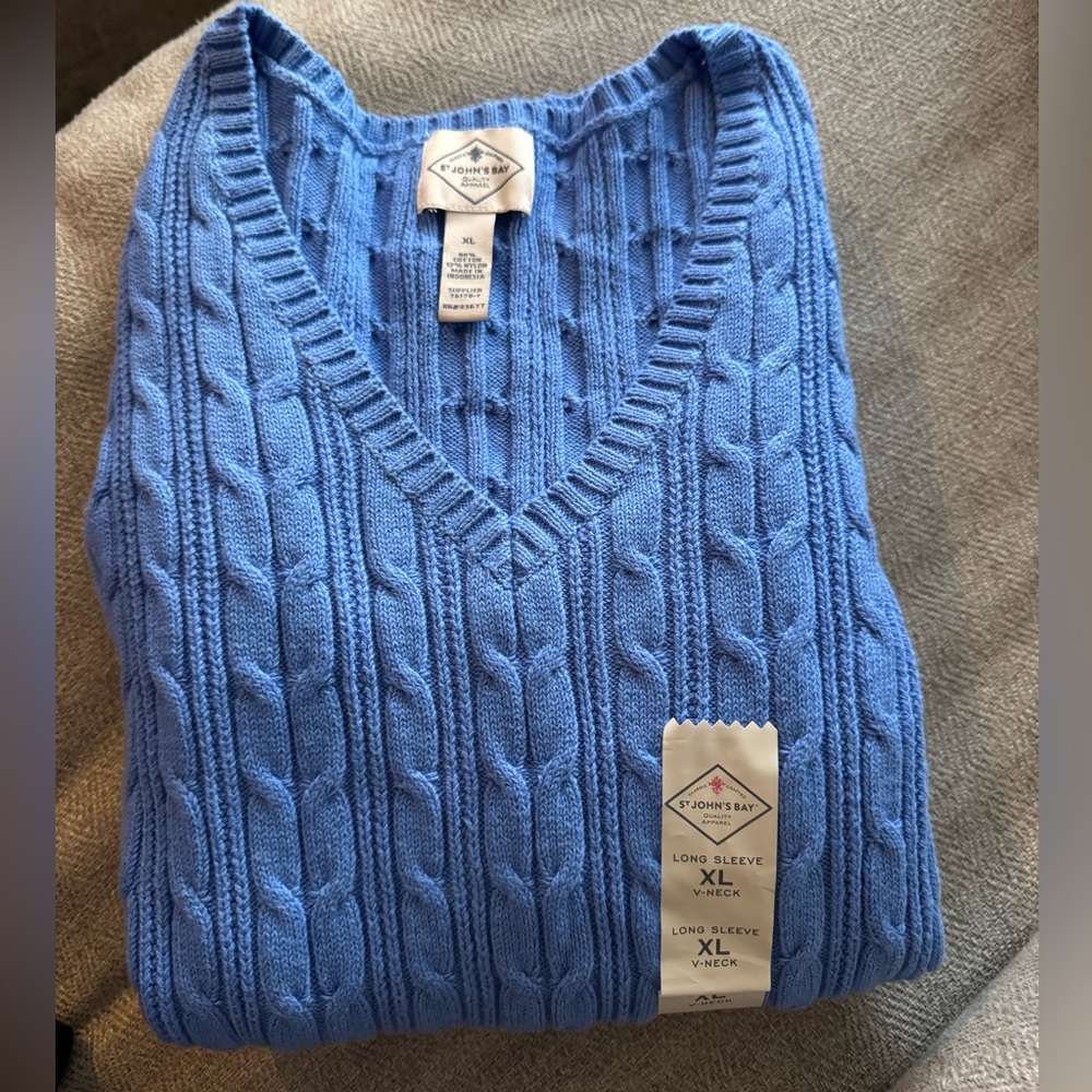 St Johns Bay Fuchsia Cotton Blend‎ V Neck Cable Knit Sweater Size XL